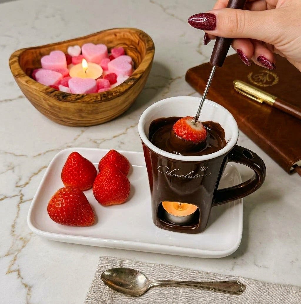 Dipping fresh strawberries into brown chocolate fondue mug