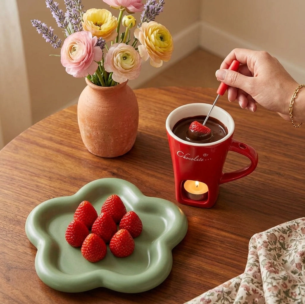 Red mini chocolate fondue mug styled with strawberries and flowers