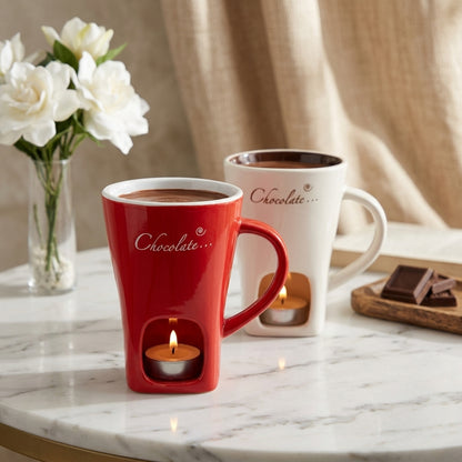 Red and white ceramic mini fondue mugs pair set