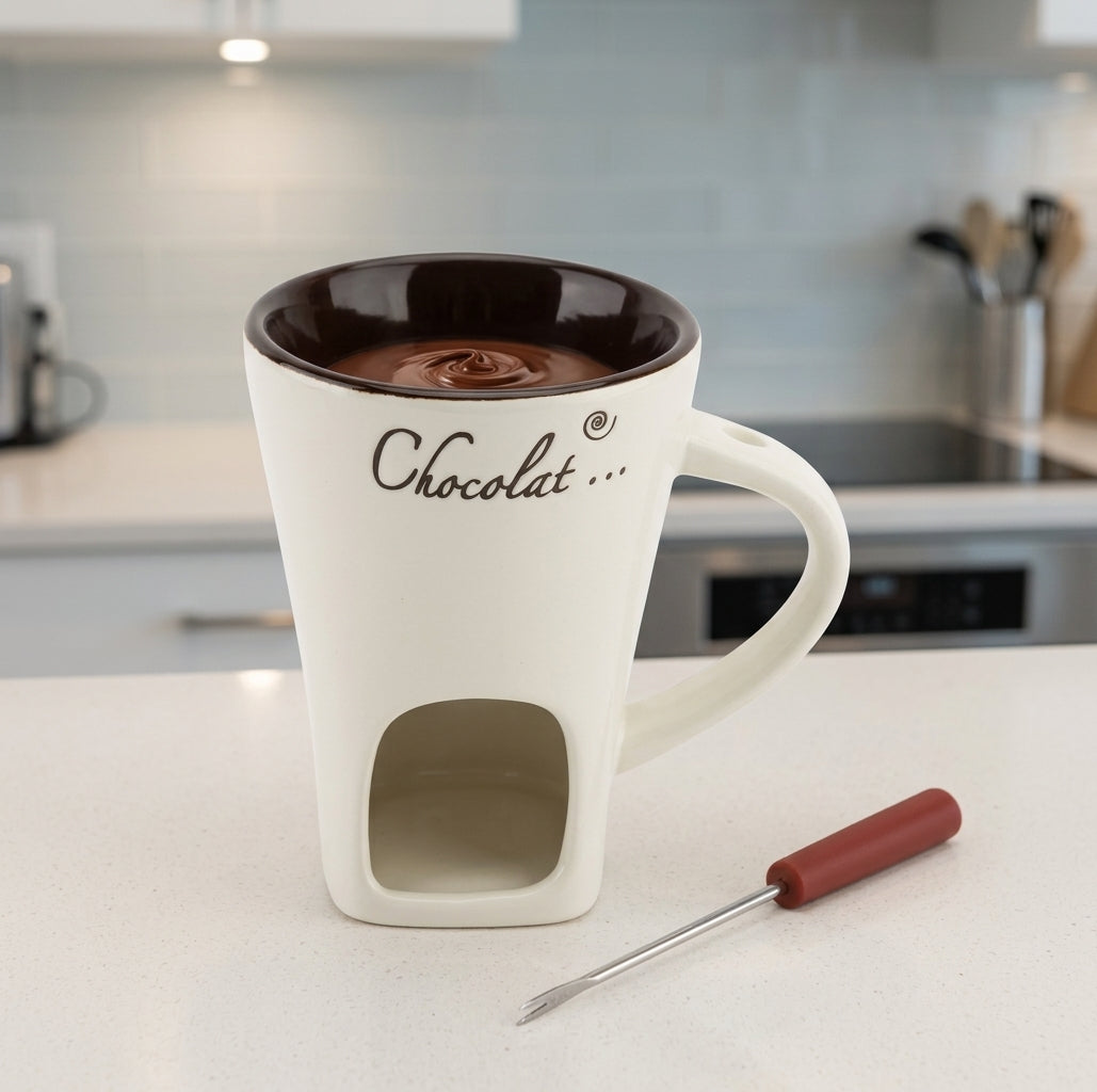 White ceramic mini fondue cup for melting chocolate